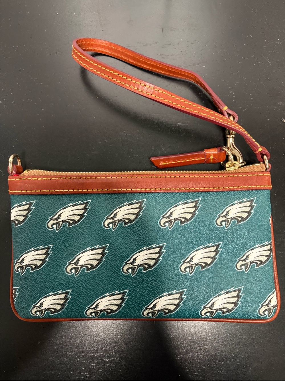 Dooney & Bourke Teal Philadelphia Eagles Logo Wristlet with Brown Leather Trim - Picture 4 of 8